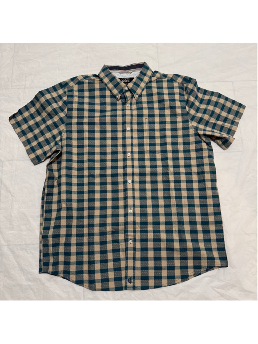 Cody James Men’s Short Sleeve Casual Button Down Shirt Large Teal Beige Plaid